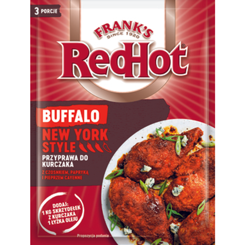 Przyprawa do kurczaka z czosnkiem, papryką i pieprzem cayenne Buffalo New York Frank's red hot 20g
